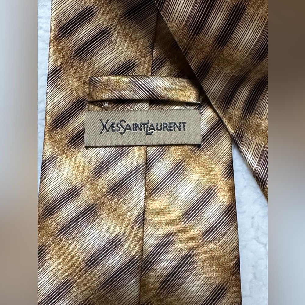 Yves Saint Laurent YSL Men’s Necktie 100% Silk Gold & Brown Diagonal Plaid - Picture 3 of 5